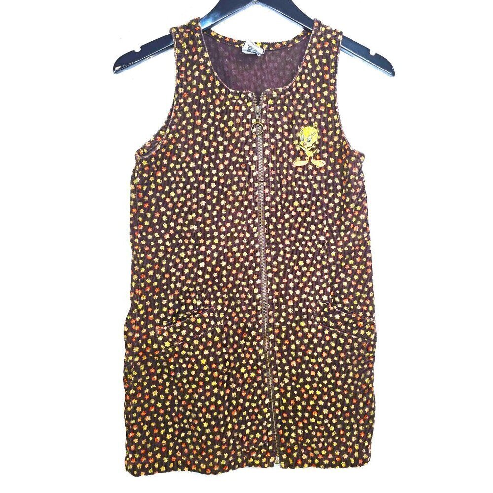 VTG 1995 Looney Tunes Brown Yellow Floral Tweety Bird Corduroy Sweater Dress